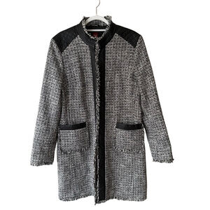 Olsen Europe Elegant Black and White Tweed Trench Coat Faux Leather Trim Size L